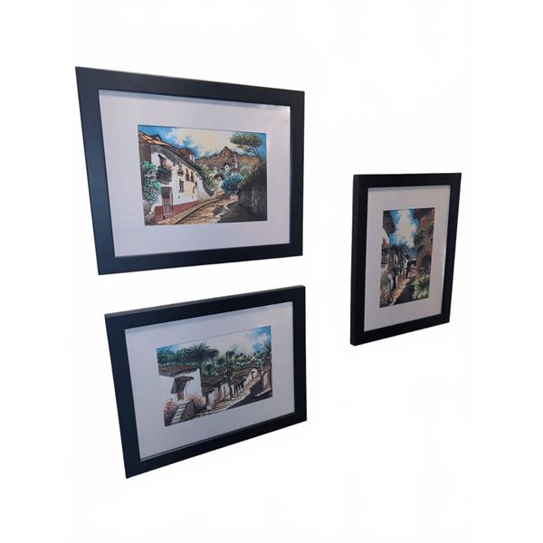 3 Framed Prints Depicting Village Scenes with Black Frames