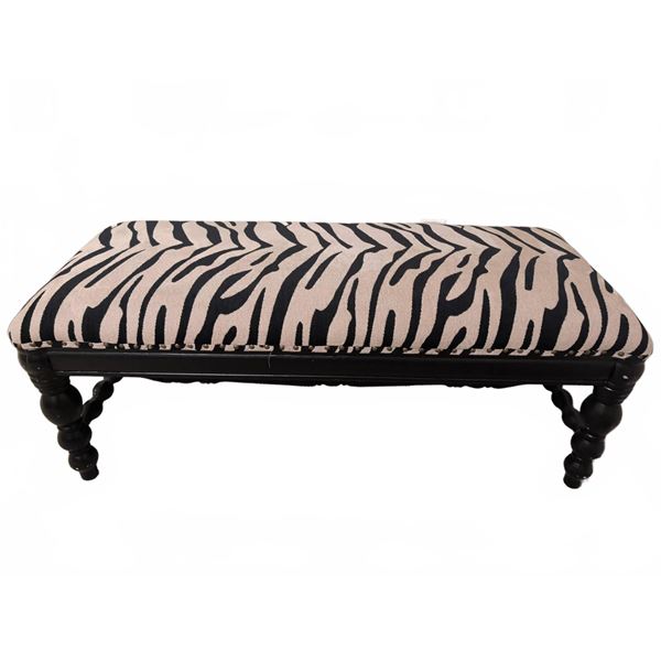Upholstered Bench with Black and Beige Zebra Print Fabric and Turned Wood Legs