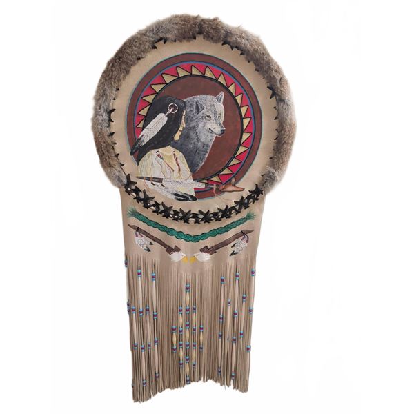 Leather Wall Hanging with Painted Wolf, Figure, Feathers, and Beaded Fringe