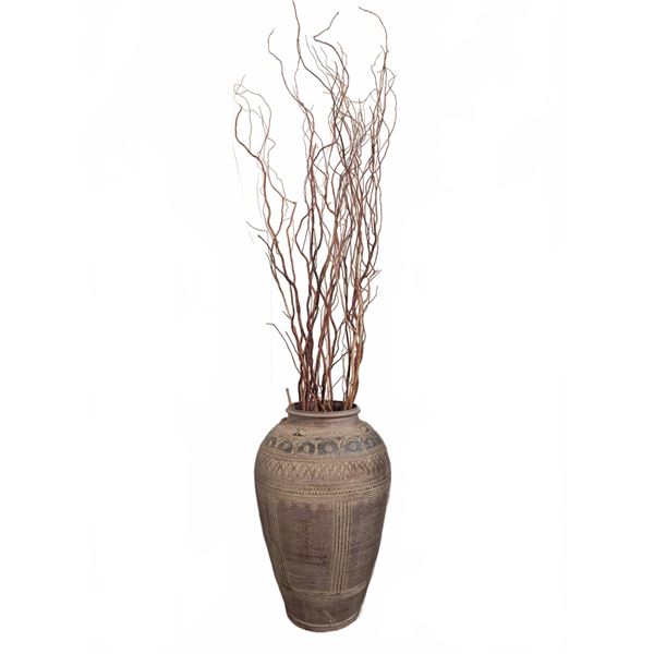 Floor Vase with Carved Decorative Patterns & Dried Branches