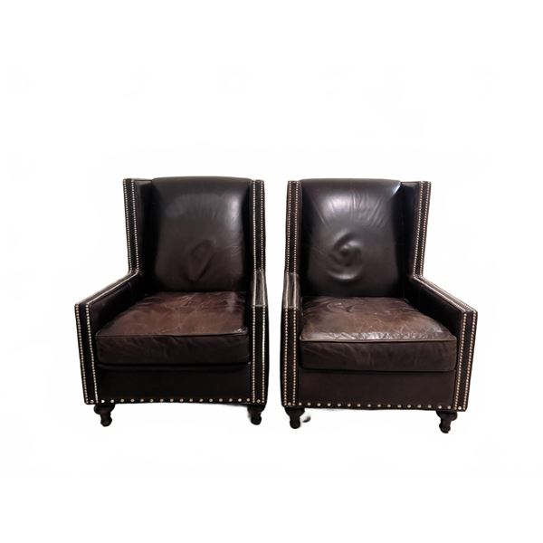 Brown Leather Wingback Armchairs with Nailhead Trim