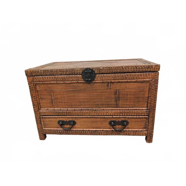 Wicker and Wood Storage Chest with Top Compartment and Lower Drawer