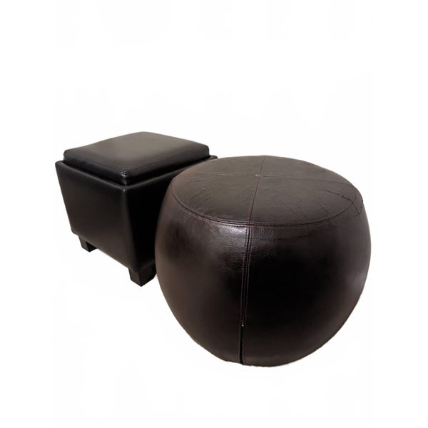 Black Vegan Leather Ottomans, One Round and One Square with Storage and Tray