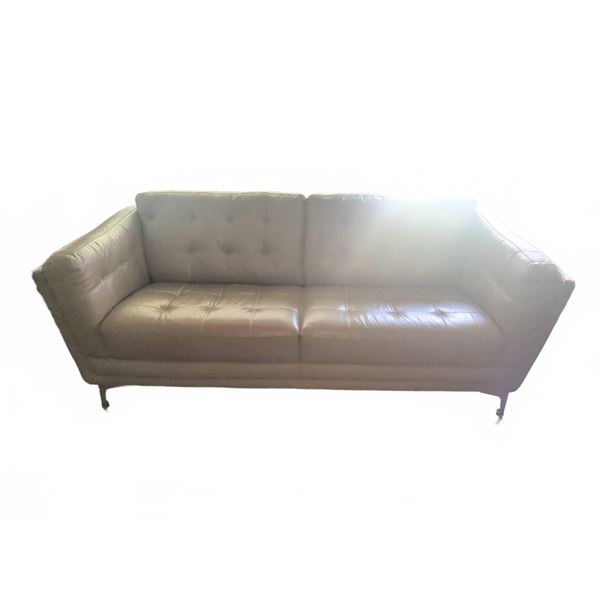 Taupe Leather Sofa with Tufted Back and Seat, Metal Legs, 89"W x 37"D x 32"H