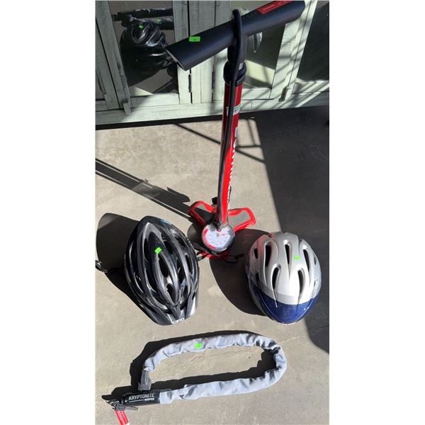 Bike Accessories Lot: Bontrager Pump, Kryptonite Keeper Chain, Giro Helmets
