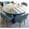 Image 1 : Round Glass Top Dining Table With Black Pedestal Base And Four Teal Upholstered Chairs