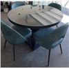 Image 2 : Round Glass Top Dining Table With Black Pedestal Base And Four Teal Upholstered Chairs