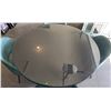 Image 3 : Round Glass Top Dining Table With Black Pedestal Base And Four Teal Upholstered Chairs