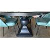 Image 8 : Round Glass Top Dining Table With Black Pedestal Base And Four Teal Upholstered Chairs
