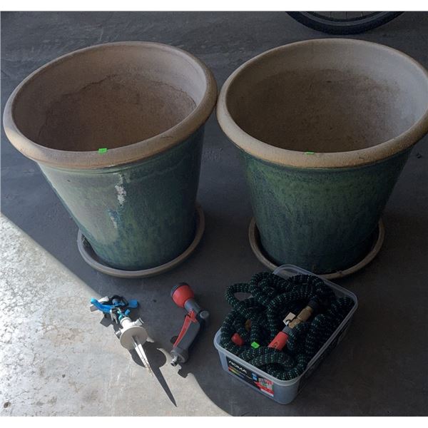 Two Glazed Ceramic Planters with Saucers, Expandable Hose, and Garden Nozzles