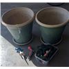 Image 1 : Two Glazed Ceramic Planters with Saucers, Expandable Hose, and Garden Nozzles