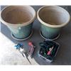 Image 2 : Two Glazed Ceramic Planters with Saucers, Expandable Hose, and Garden Nozzles
