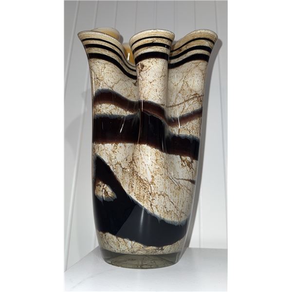 Murano Glass Vase with Layered Brown and Cream Swirl Pattern Art Piece