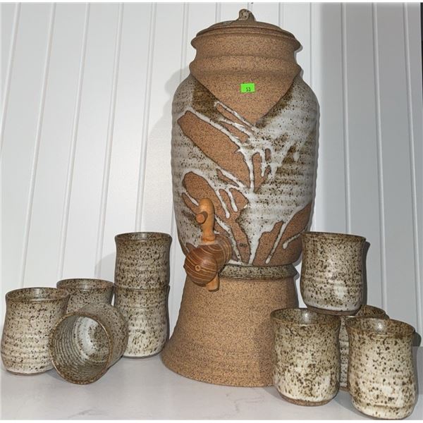 Stoneware Beverage Dispenser with Wooden Spigot and 8 Matching Cups