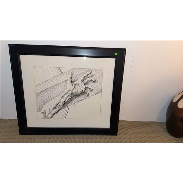 Framed Ink Drawing of Hand Reaching Out with Black Mat and Beaded Frame