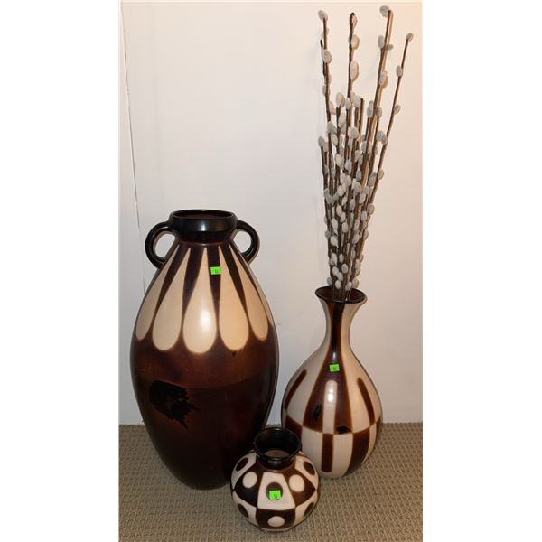 Three Brown and Cream Patterned Ceramic Vases with Handles and Decorative Branches