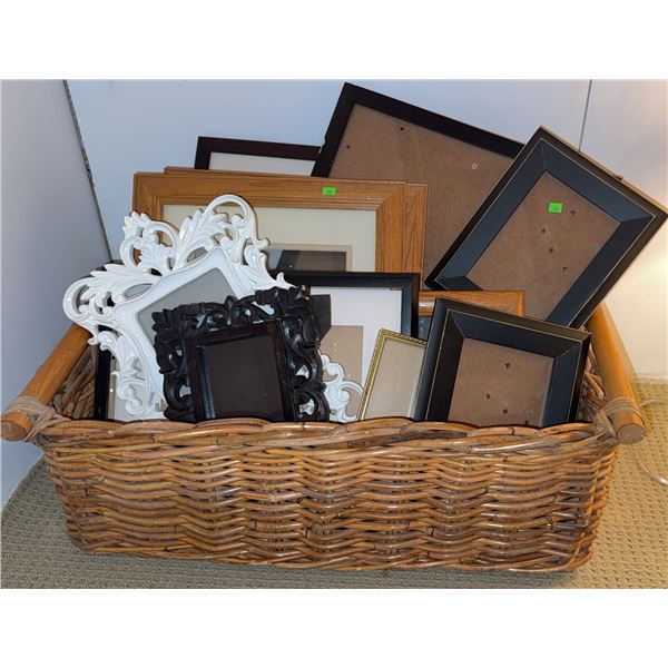Wicker Basket With Assorted Photo Frames Wood Black White Mixed Sizes