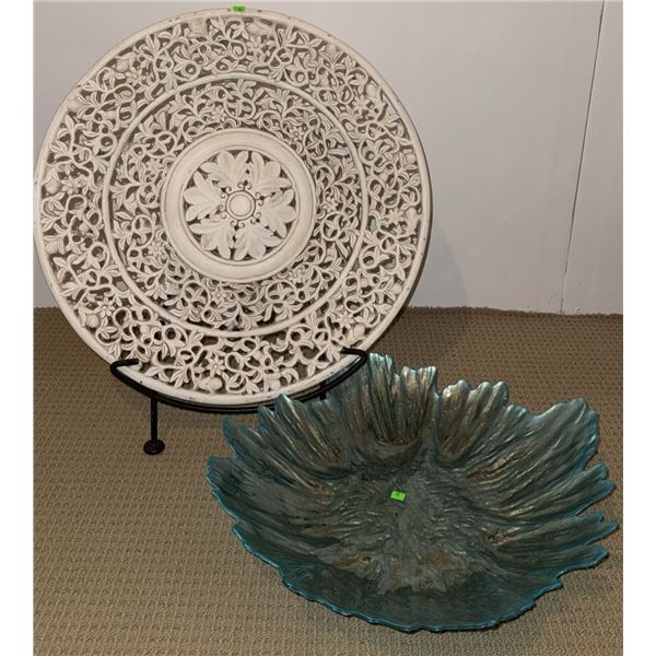 Decorative Carved White Wall Plaque and Textured Blue Glass Bowl
