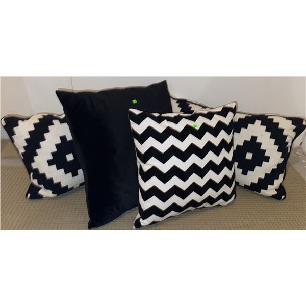 Five Black and White Throw Pillows, Large and Small, Geometric and Chevron Patterns