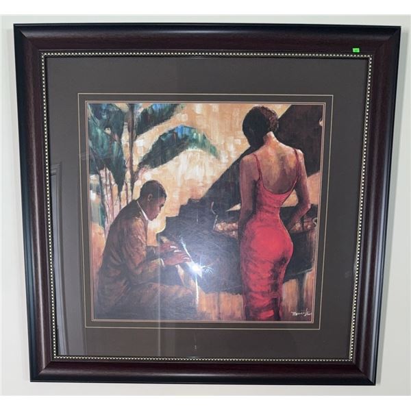 Framed Print of Monica Stewart Artwork Featuring Pianist and Woman in Red Dress