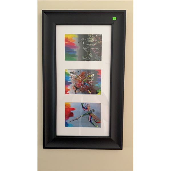 Framed Set of Three Colourful Butterfly and Dragonfly Prints
