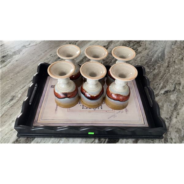 6 Glazed Stoneware Goblets with Multicolour Bands