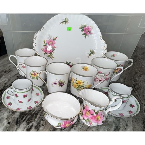 Queen's Rosina Fine Bone China Floral Tea Set with Cups, Saucers, Plate, Creamer, Bowl