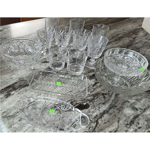 Cut Glassware Including Bowls, Trays, Tumblers, and Stemware, 13 Pieces
