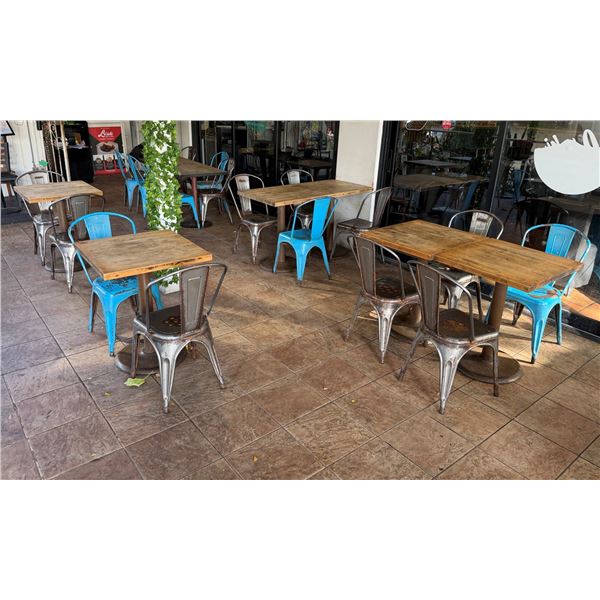 Qty 11 Tables w/ Pedestal Bases, Misc Sizes w/ 30 Metal Chairs