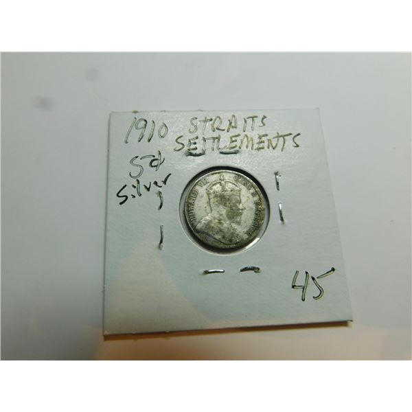 SCARCE 1910 STRAITS SETTLEMENTS FIVE CENT SILVER