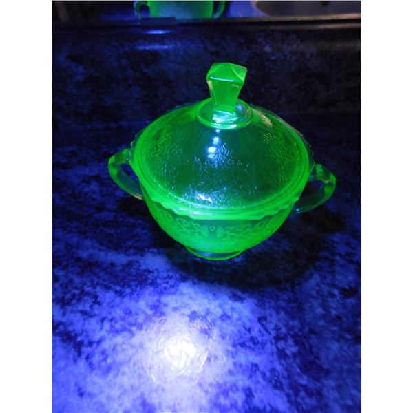 TWO HANDLED URANIUM GLASS SUGAR BOWL, EXCELLENT CONDITION, GLOWS
