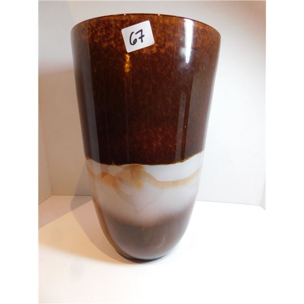 LARGE BROWN/WHITE/GOLD ARTGLASS VASSE 11.75” TALL, 7” DIAMETER TOP
