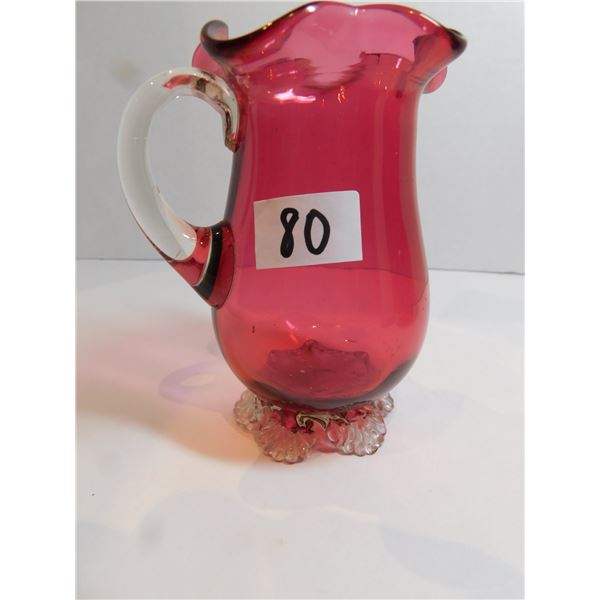 VICTORIAN CRANBERRY RUFFLED GLASS PITCHER 4 ½ “TALL, SMALL CHIP ON ONE FOOT