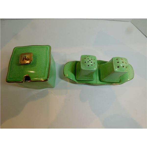 GREEN ART DECO SALT AND PEPPER WITH UDERPLATE, PLUS SUGAR BOWL, ROYAL WINTON