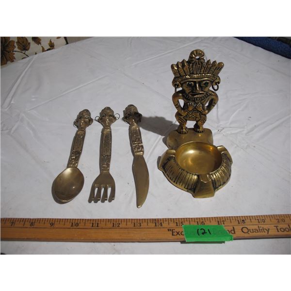 Vintage Aztec/Mayan Style Ashtray w/ Matching Cutlery.  Brass with Green Stone Eyes