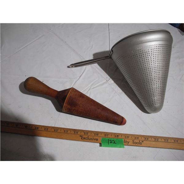 Vintage Aluminum Cone Colander & Wooden Pestle Set