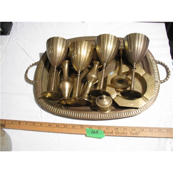 Vintage Brass Lot: Tray, Goblets, Ashtray, etc.