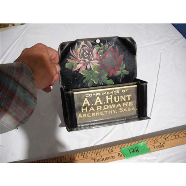 Vintage Advertising Matchbox Holder (needs repair) – Abernethy, Sask