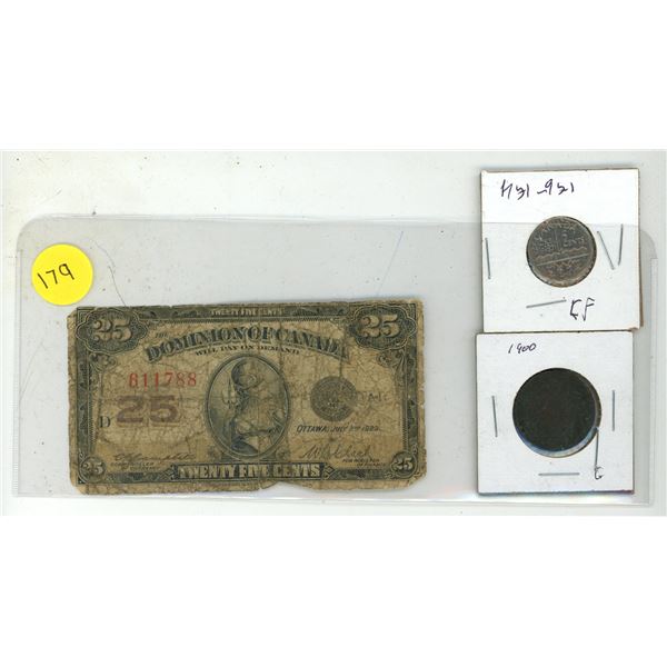 1923 Dominion of Canada 25 Cents Shinplaster, 1951 Canada 5 Cents and 1900 Canada Large One Cent.