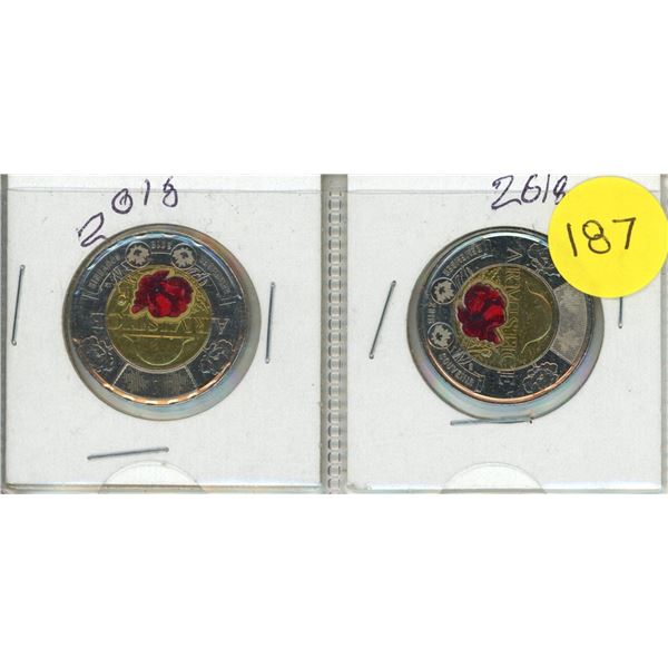 (2) 2018 Canada $2 Armistice Toonie with a Coloured Poppy, commemorating the 100th anniversary of th