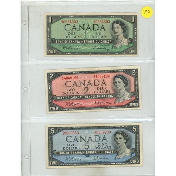 1954 Canada One, Two and Five Dollar.
