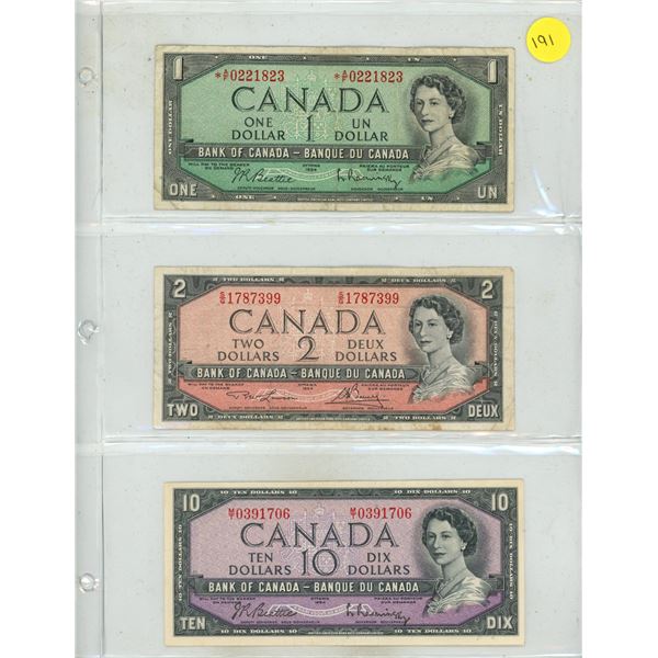 1954 Canada One, Two and Ten Dollar.
