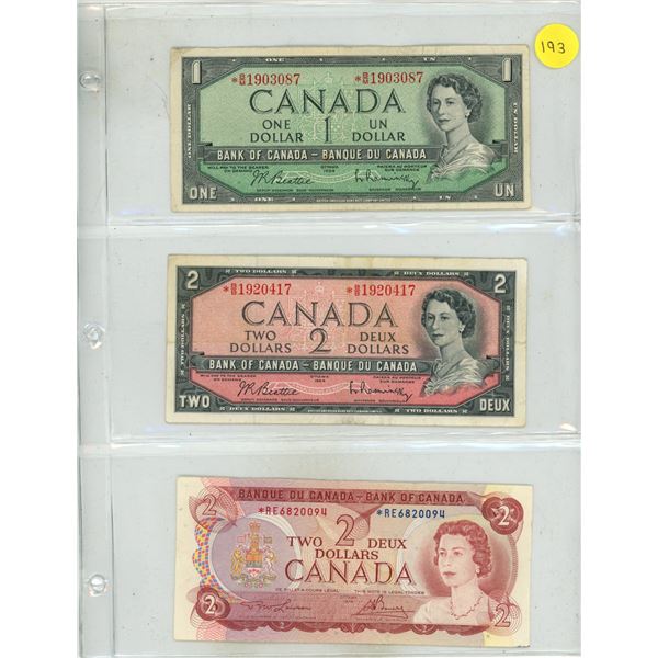 1954 Canada One and Two Dollars, 1974 Canada Two Dollars.