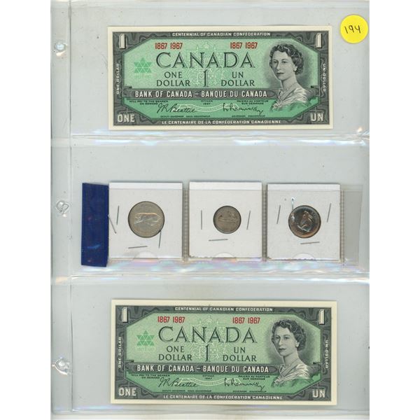 (2) 1967 Uncirculated One Dollar and 1967 Silver 25 Cents, 10 Cents, 5 Cents.