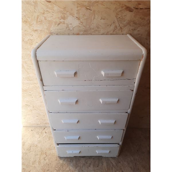 Vintage, white-painted waterfall-style chest of drawers featuring rounded top edges and double-handl