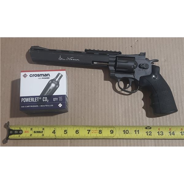 ASG Dan Wesson CO2-powered air revolver, designed to fire .177 caliber (4.5mm) BBs - Made In Taiwan.
