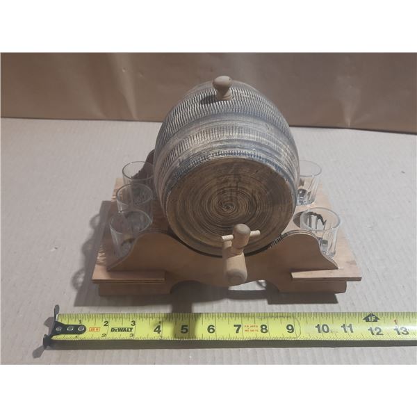 Vintage Ceramic/Stoneware Whiskey Barrel Tap Dispenser with Shot Glasses on a Wooden Stand.