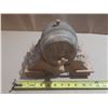 Image 1 : Vintage Ceramic/Stoneware Whiskey Barrel Tap Dispenser with Shot Glasses on a Wooden Stand.