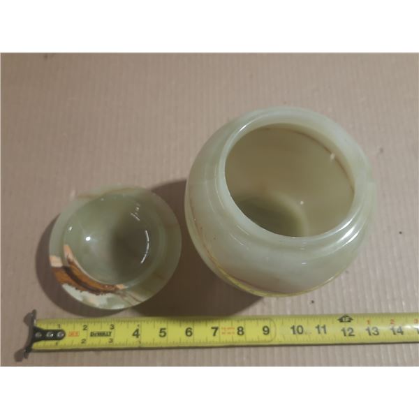 Vintage hand-carved green onyx or banded calcite lidded jar. (Chip/Minor Broken Jar Lid)