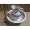 Image 1 : Vintage ironstone wash pitcher and basin set featuring a distinct wide pink band and a classic curve